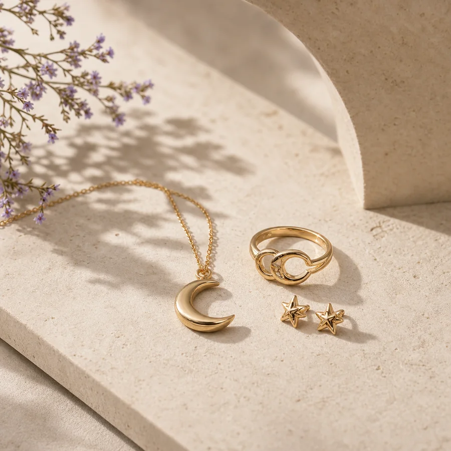 Gold crescent necklace, ring and star earrings