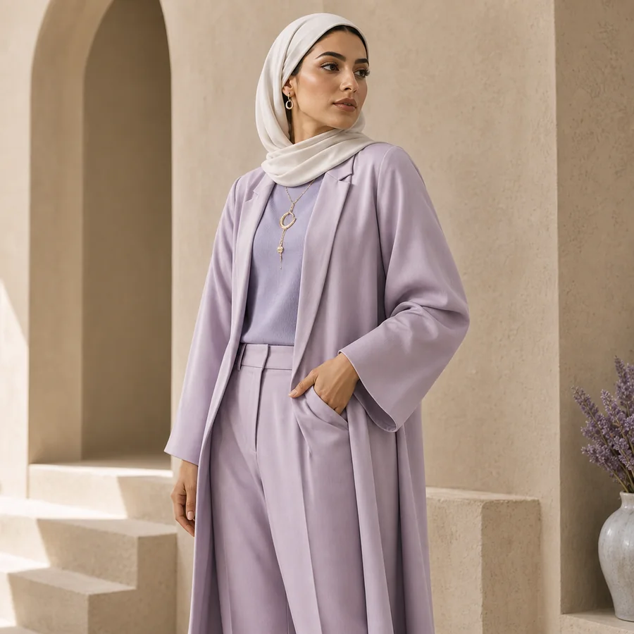 Woman wearing modern modest lilac tailoring