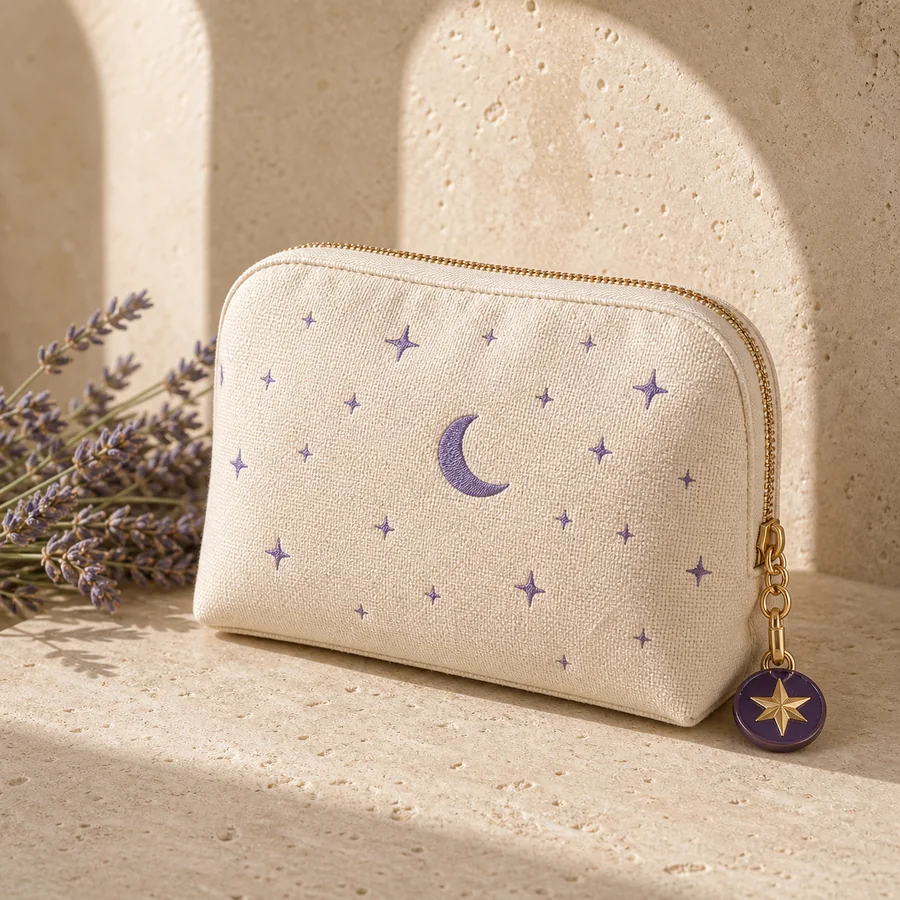 Cream cosmetic bag with violet celestial embroidery