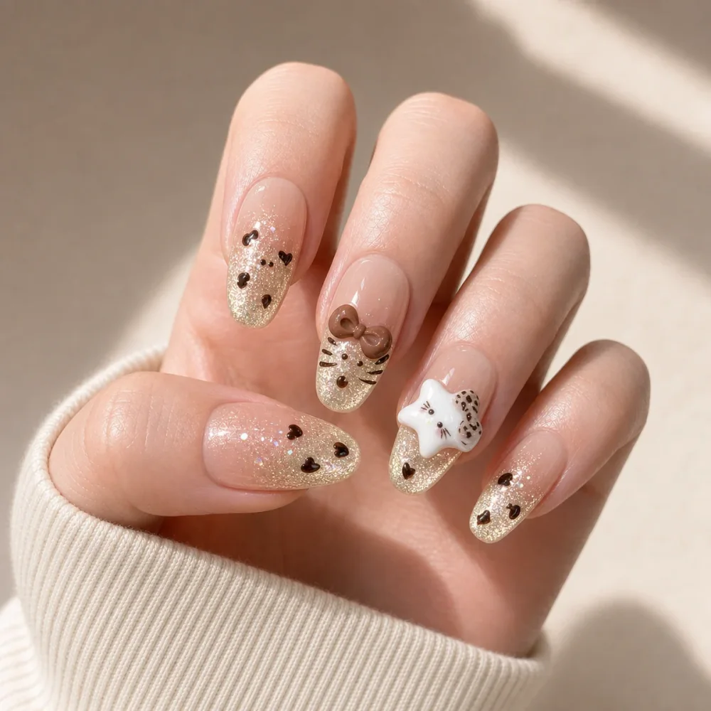 Desert Moon nude and gold press-on nail style