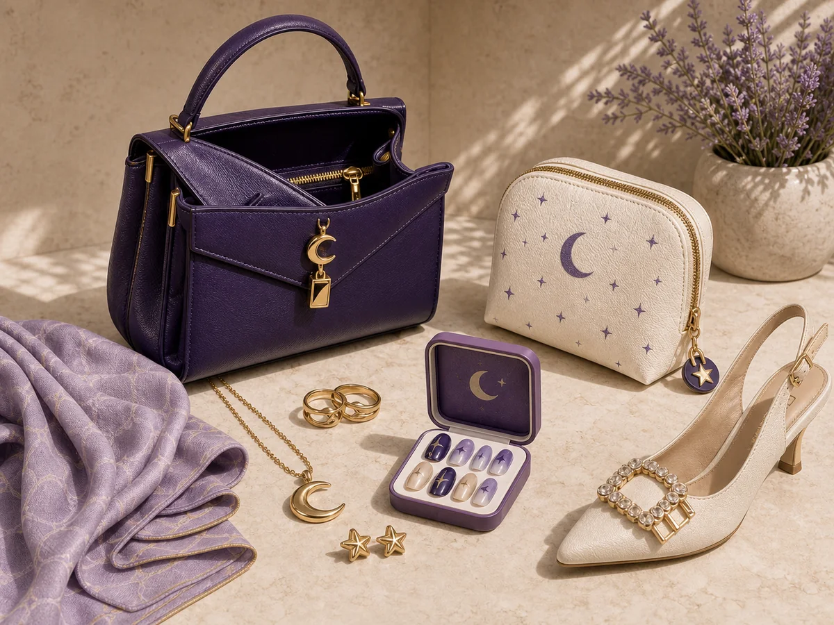 Misk Moon handbag, cosmetic bag, accessories, scarf, shoe and press-on nails arranged together
