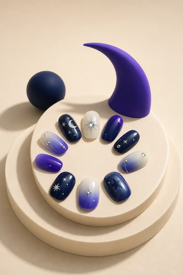 Ten Misk Moon press-on nails arranged in a lunar still life